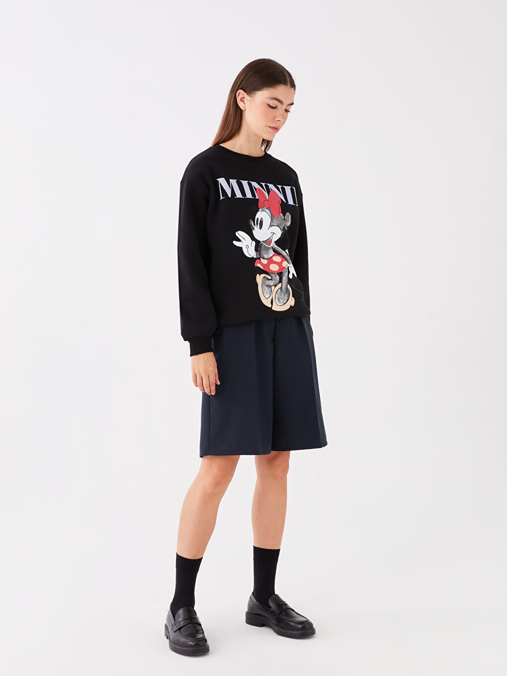 XSIDE Yeni Siyah Bisiklet Yaka Minnie Mouse Baskılı Uzun Kollu Kadın Sweatshirt - 2