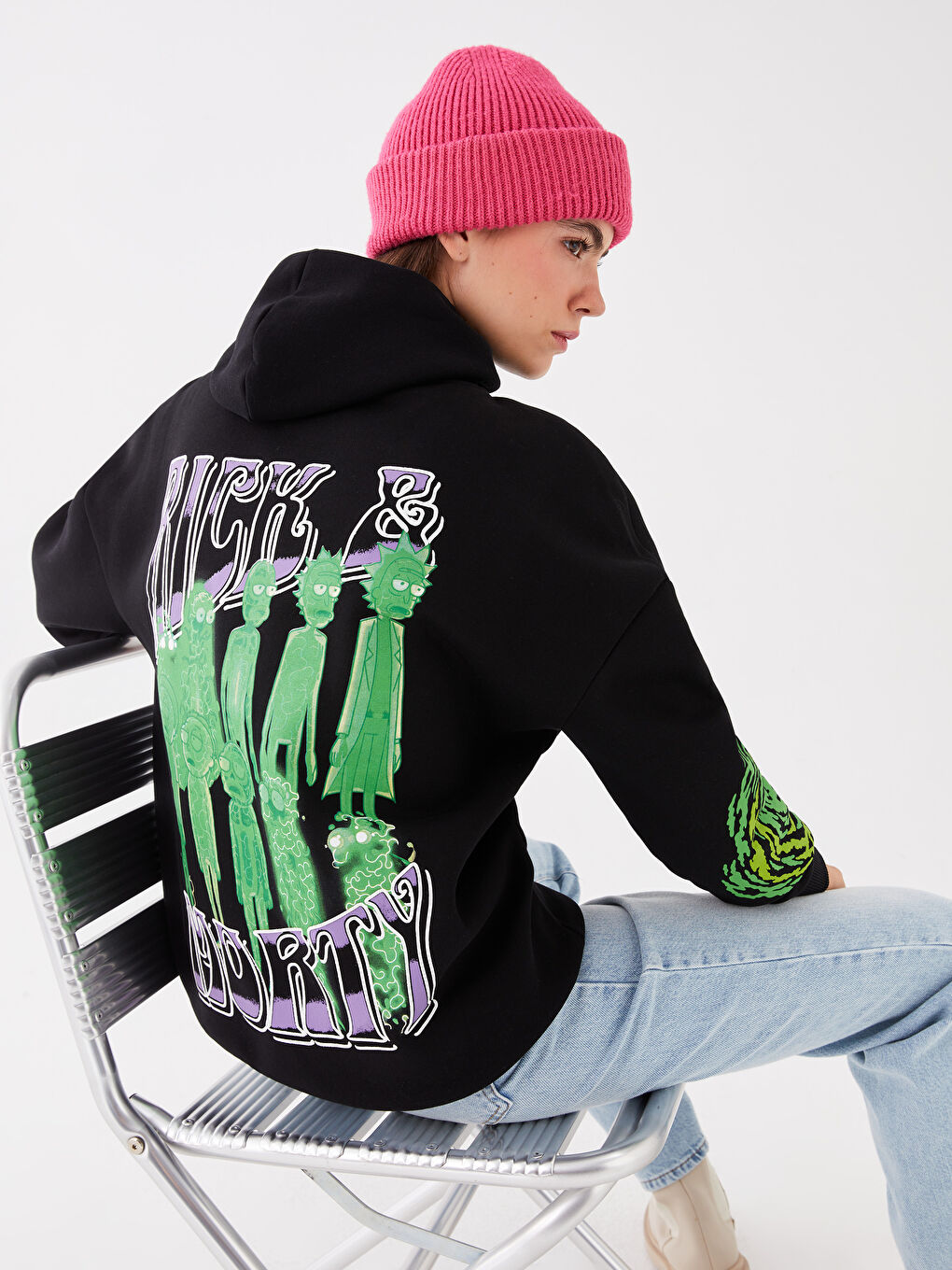 XSIDE Yeni Siyah Rick and Morty Baskılı Uzun Kollu Oversize Kadın Hoodie