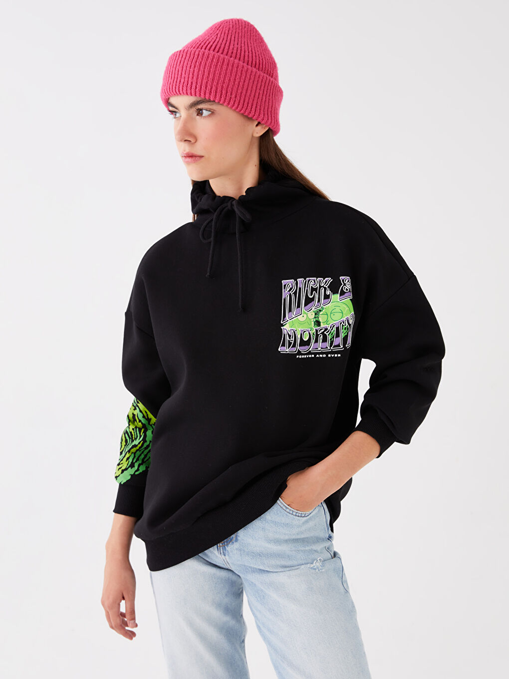 XSIDE Yeni Siyah Rick and Morty Baskılı Oversize Kadın Kalın Hoodie - 1