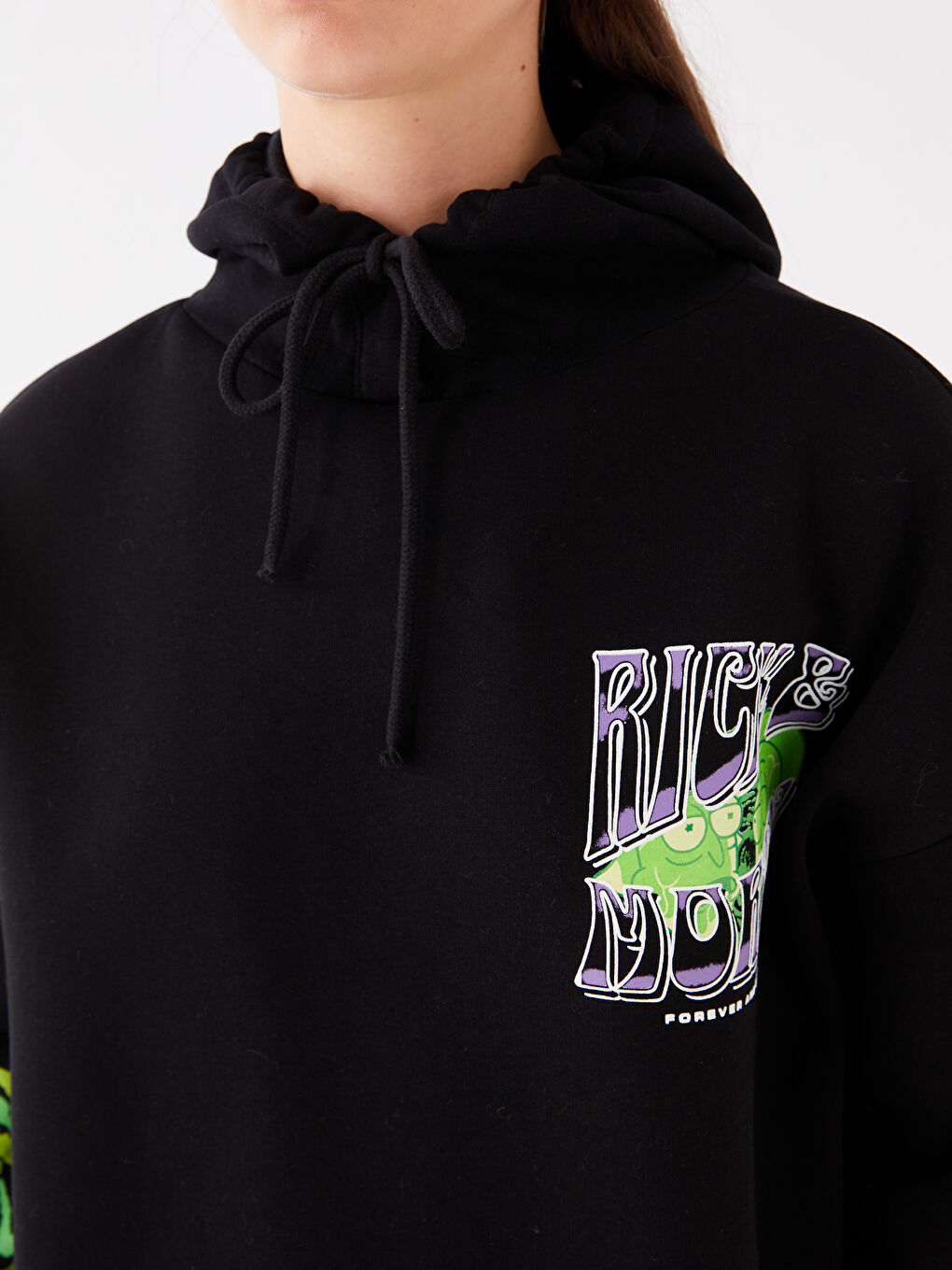 XSIDE Yeni Siyah Rick and Morty Baskılı Oversize Kadın Kalın Hoodie - 3