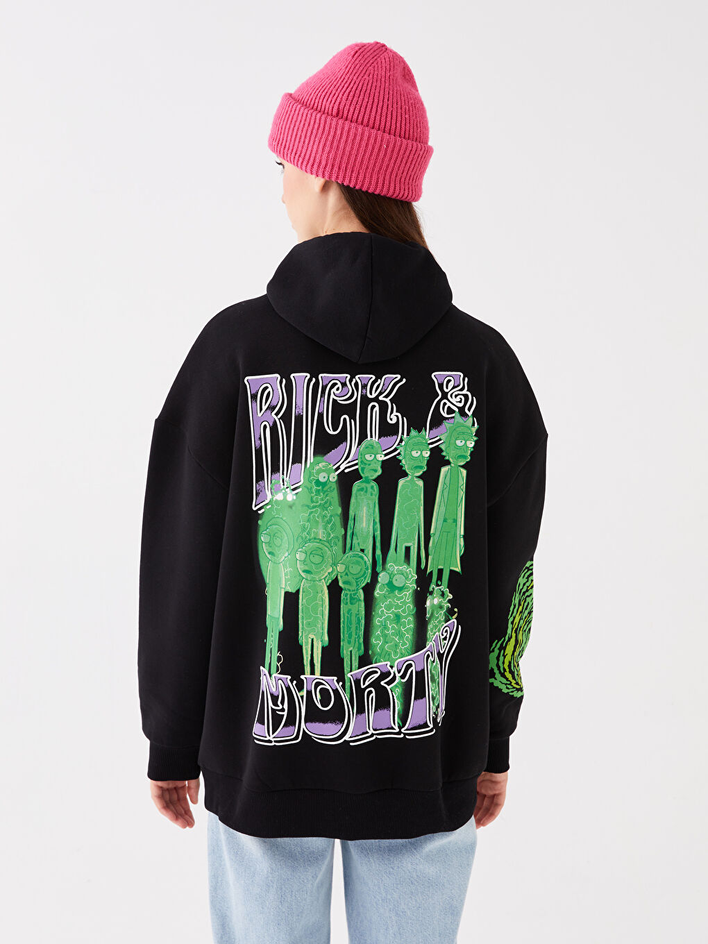 XSIDE Yeni Siyah Rick and Morty Baskılı Oversize Kadın Kalın Hoodie - 4