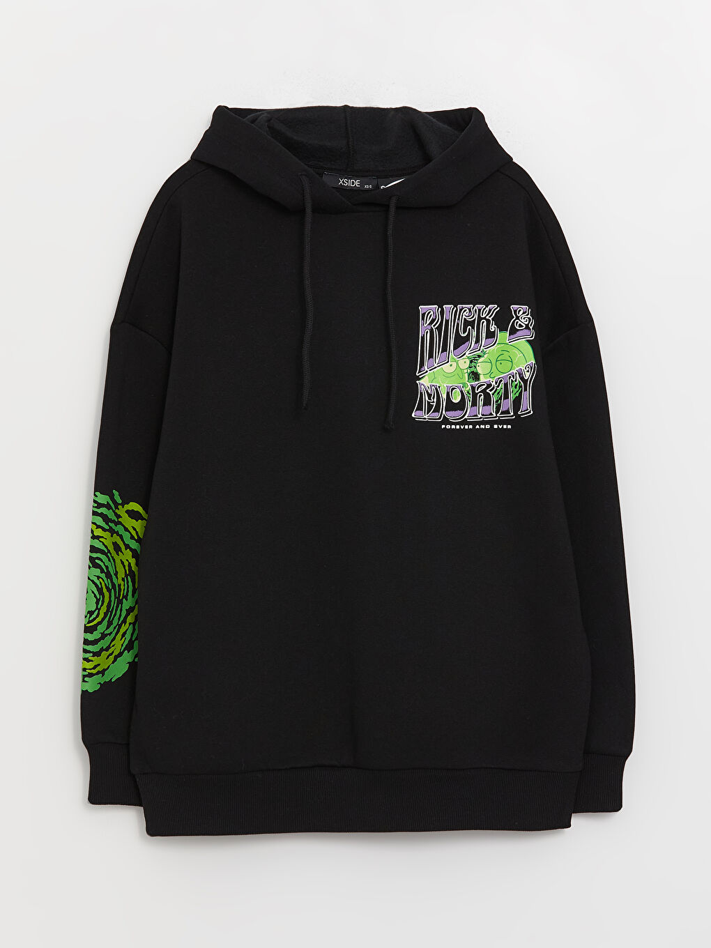 XSIDE Yeni Siyah Rick and Morty Baskılı Oversize Kadın Kalın Hoodie - 5