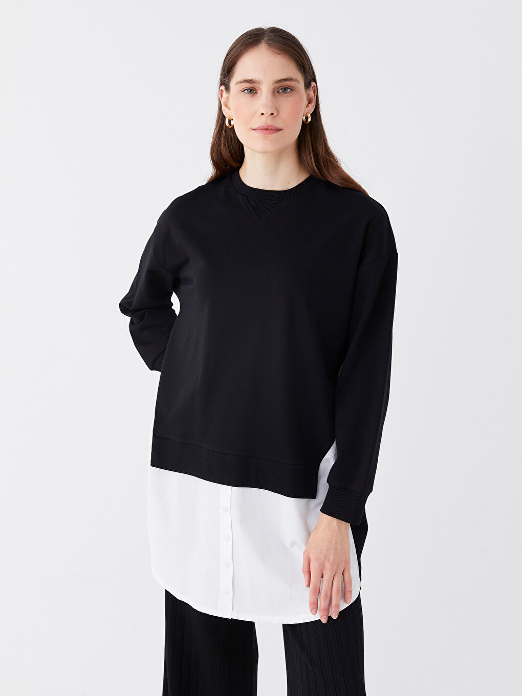 LCW Modest Siyah Bisiklet Yaka Düz Oversize Kadın Sweatshirt Tunik - 1