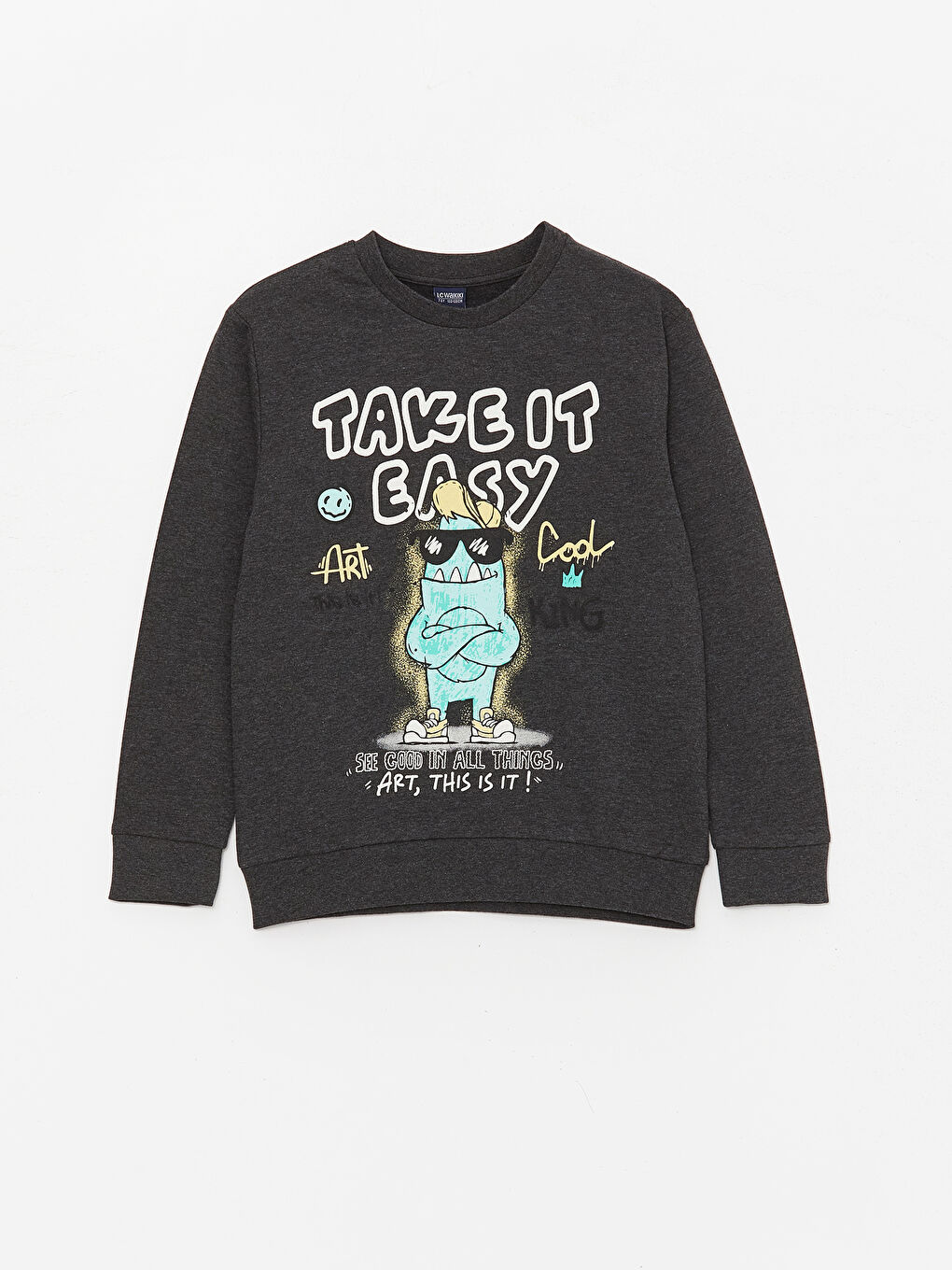 LCW Kids Antrasit Melanj Bisiklet Yaka Baskılı Uzun Kollu Erkek Çocuk Sweatshirt ve Eşofman Altı - 1