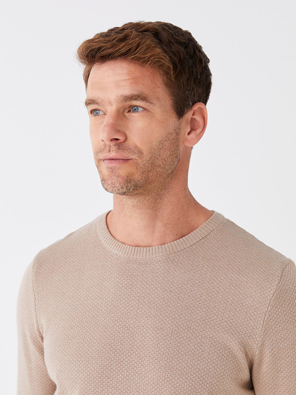 Bej Bisiklet Yaka Erkek Triko Kazak-1