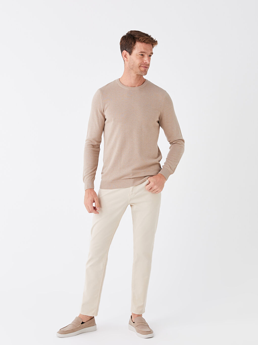 Bej Bisiklet Yaka Erkek Triko Kazak-2