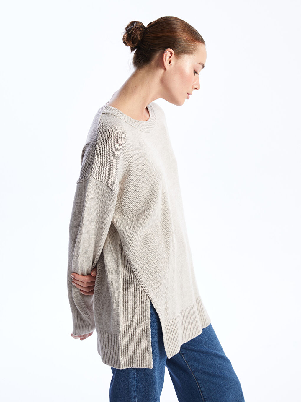 Kahverengi Bisiklet Yaka Oversize Kadın Triko Kazak