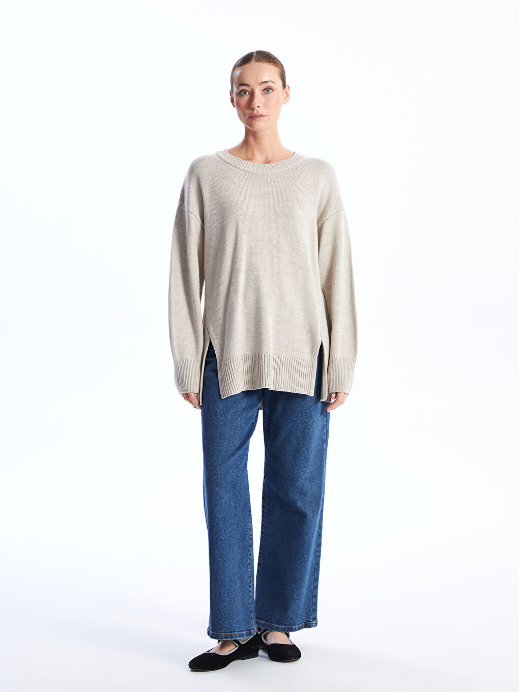 Kahverengi Bisiklet Yaka Oversize Kadın Triko Kazak-2