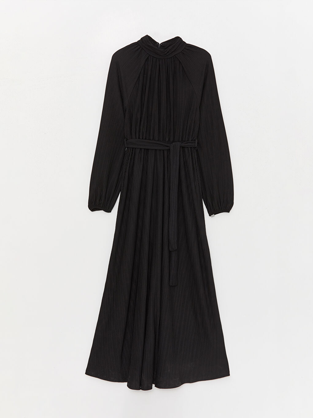 Siyah Dik Yaka Düz Uzun Kollu Elbise-5