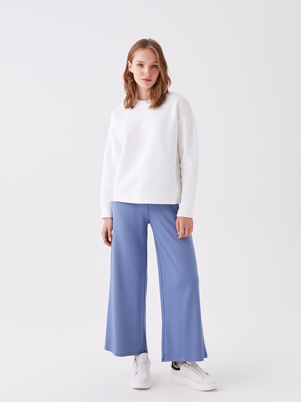 Mavi Beli Lastikli Düz Geniş Paça Kadın Pijama Altı