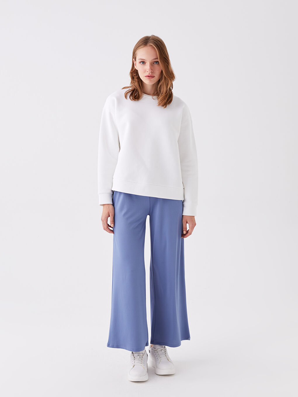 Mavi Beli Lastikli Düz Geniş Paça Kadın Pijama Altı-1