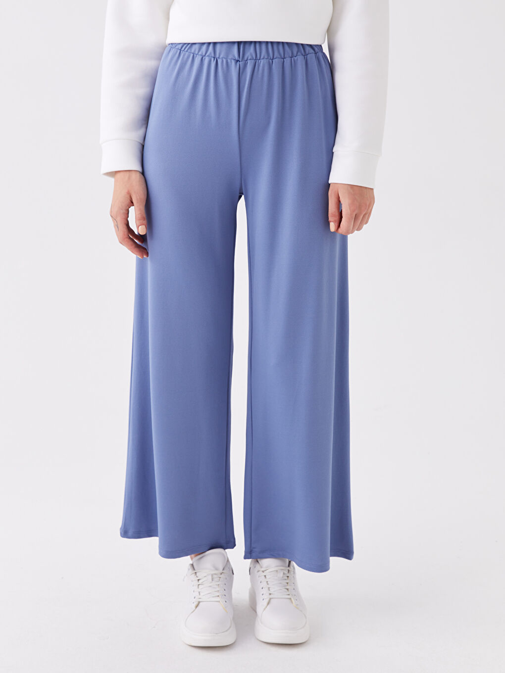 Mavi Beli Lastikli Düz Geniş Paça Kadın Pijama Altı-2