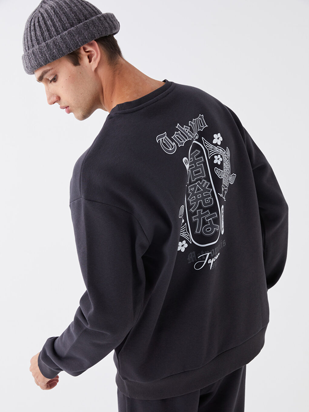 XSIDE Antrasit Bisiklet Yaka Uzun Kollu Baskılı Erkek Kalın Sweatshirt