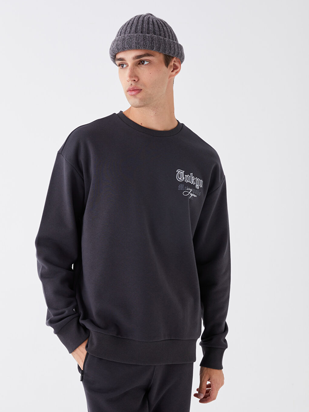 XSIDE Antrasit Bisiklet Yaka Uzun Kollu Baskılı Erkek Kalın Sweatshirt - 1