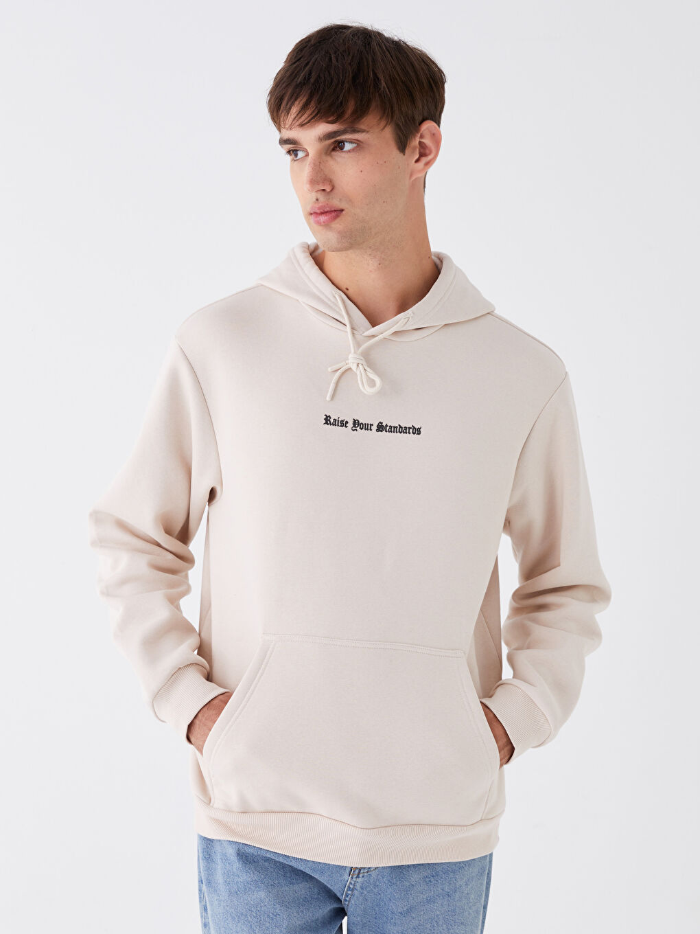 XSIDE Bej Uzun Kollu Baskılı Erkek Kalın Hoodie