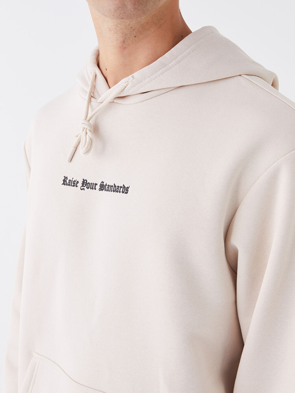 XSIDE Bej Uzun Kollu Baskılı Erkek Kalın Hoodie - 3