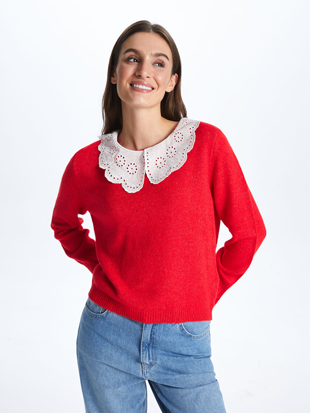 Kırmızı Bebe Yaka Kadın Triko Kazak
