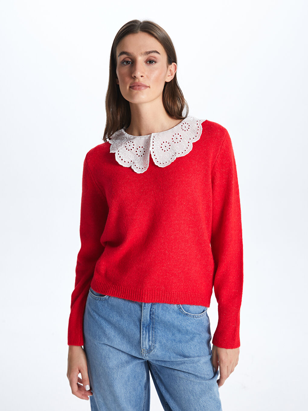 Kırmızı Bebe Yaka Kadın Triko Kazak-1