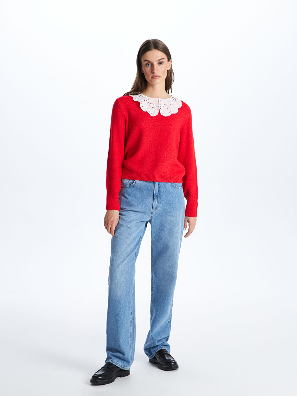 Kırmızı Bebe Yaka Kadın Triko Kazak-2