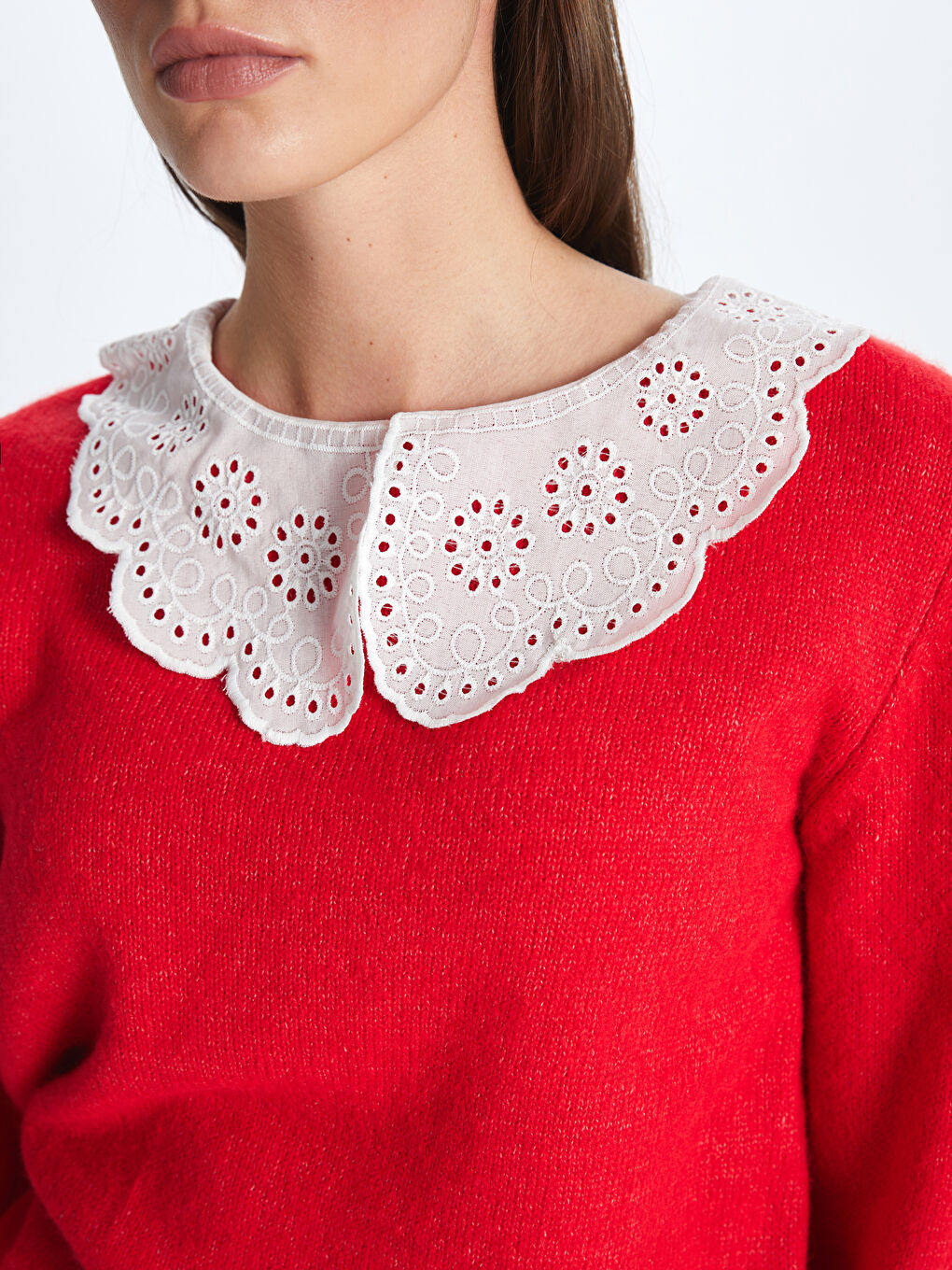 Kırmızı Bebe Yaka Kadın Triko Kazak-3