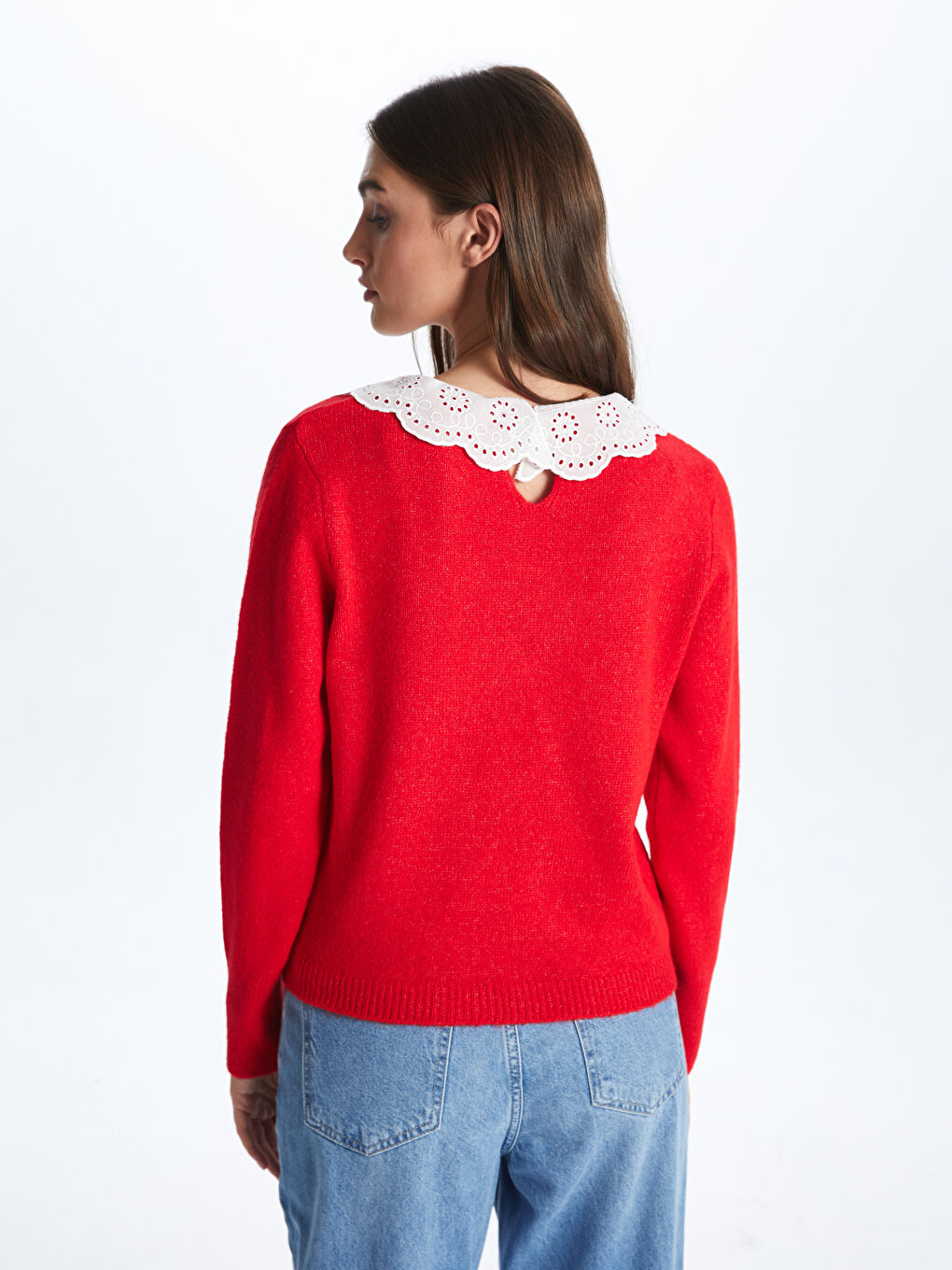 Kırmızı Bebe Yaka Kadın Triko Kazak-4