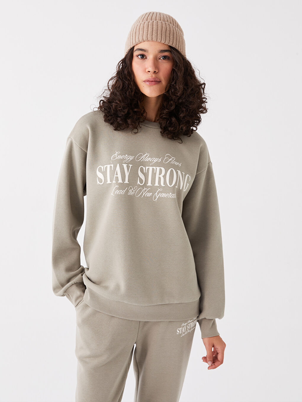 XSIDE Mat Yeşil Bisiklet Yaka Baskılı Oversize Kadın Kalın Sweatshirt