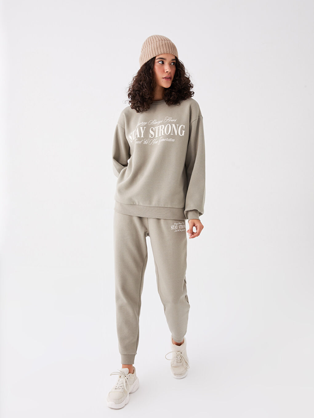 XSIDE Mat Yeşil Bisiklet Yaka Baskılı Oversize Kadın Kalın Sweatshirt - 2