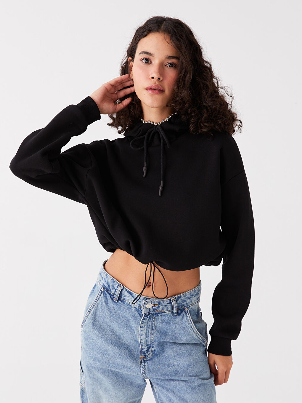 XSIDE Yeni Siyah Düz Oversize Kadın Kalın Hoodie