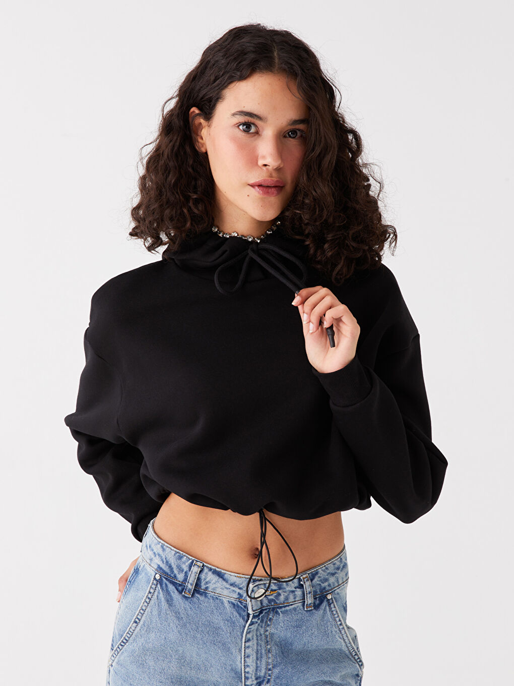 XSIDE Yeni Siyah Düz Oversize Kadın Hoodie - 1