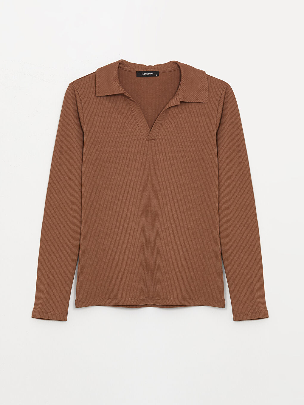 Kahverengi Polo Yaka Düz Uzun Kollu Kadın Tişört-5