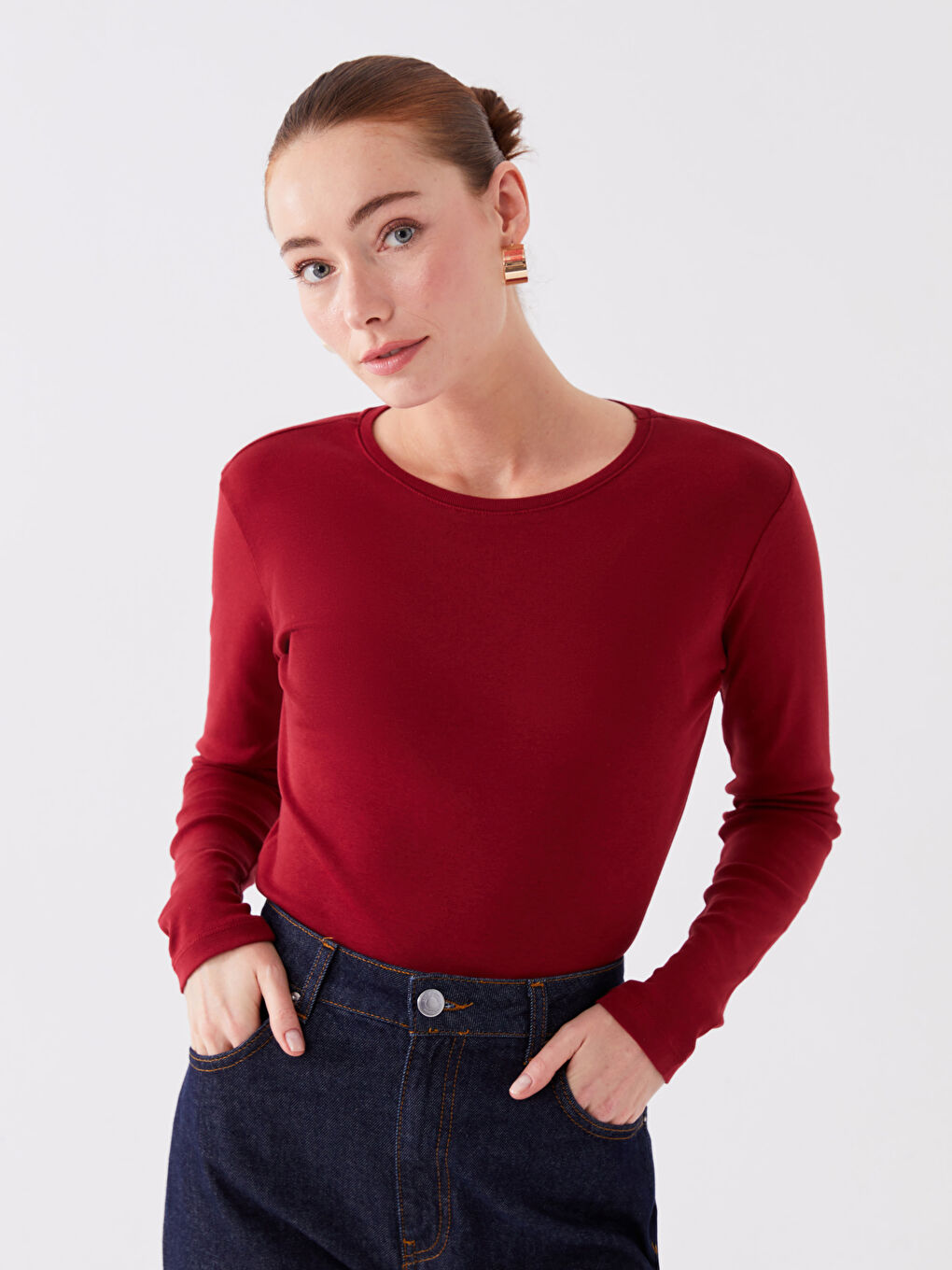 Bordo Bisiklet Yaka Düz Uzun Kollu Kadın Tişört