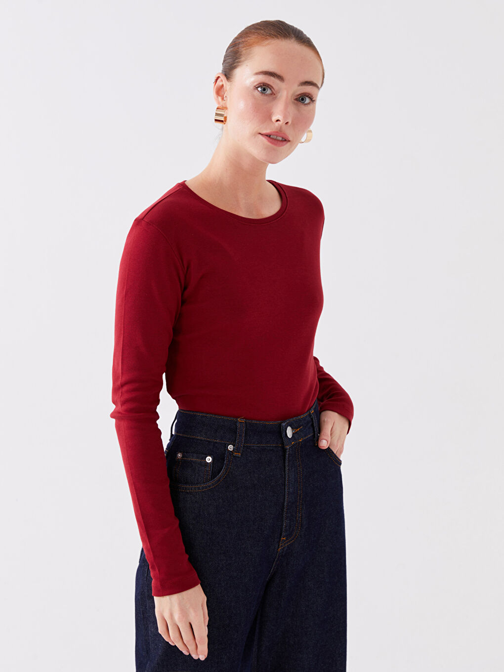 Bordo Bisiklet Yaka Düz Uzun Kollu Kadın Tişört-2