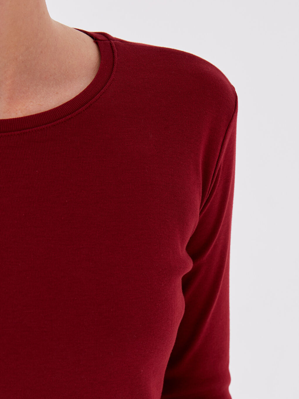 Bordo Bisiklet Yaka Düz Uzun Kollu Kadın Tişört-6