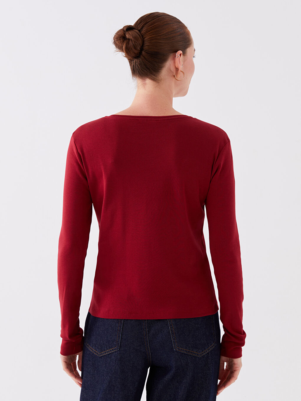 Bordo Bisiklet Yaka Düz Uzun Kollu Kadın Tişört-8