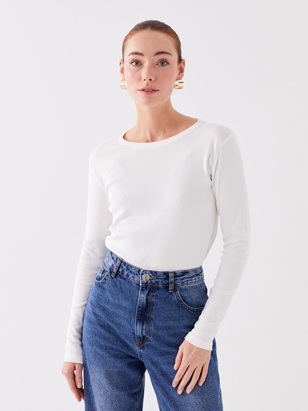 Ekru Bisiklet Yaka Düz Uzun Kollu Kadın Tişört