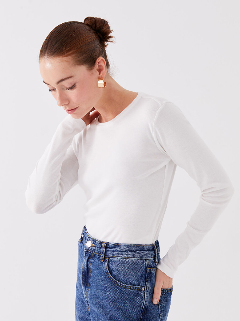 Ekru Bisiklet Yaka Düz Uzun Kollu Kadın Tişört-2