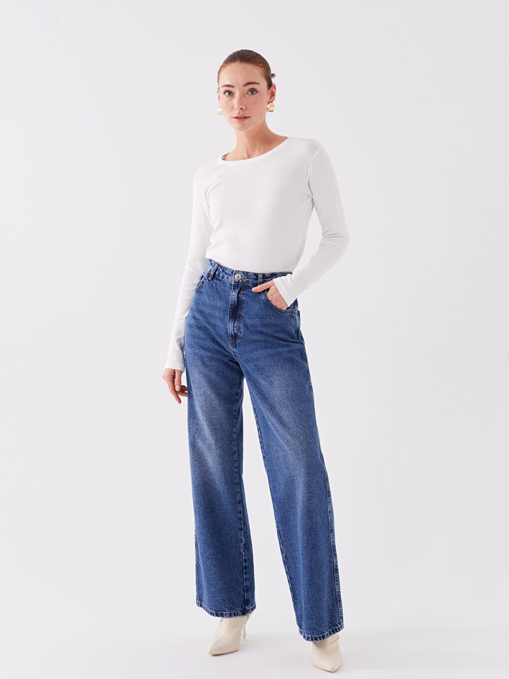 Ekru Bisiklet Yaka Düz Uzun Kollu Kadın Tişört-4