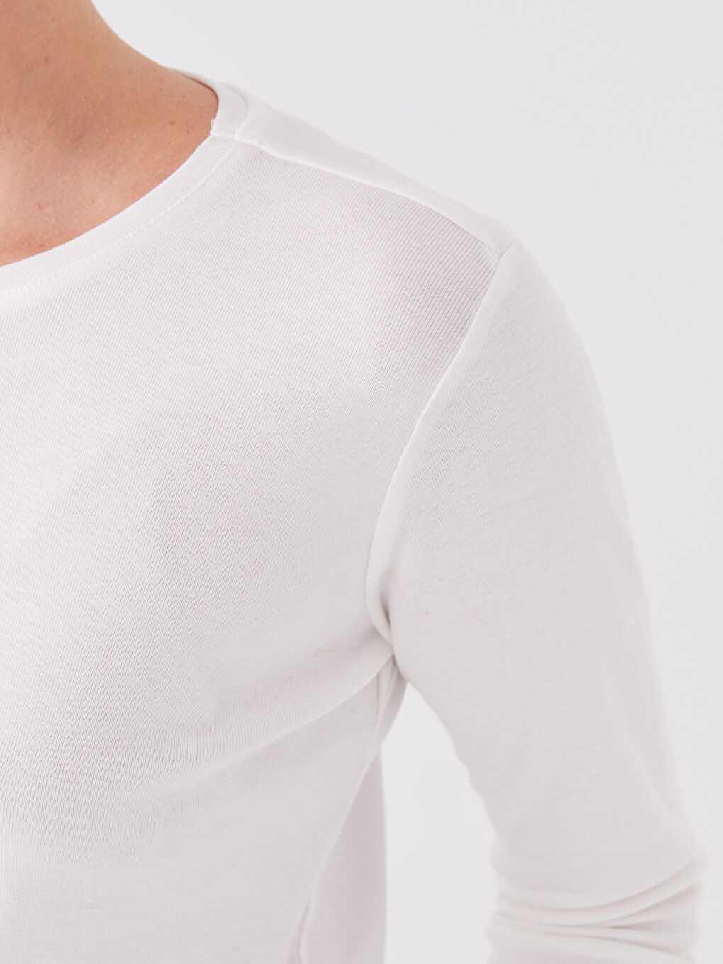 Ekru Bisiklet Yaka Düz Uzun Kollu Kadın Tişört-6