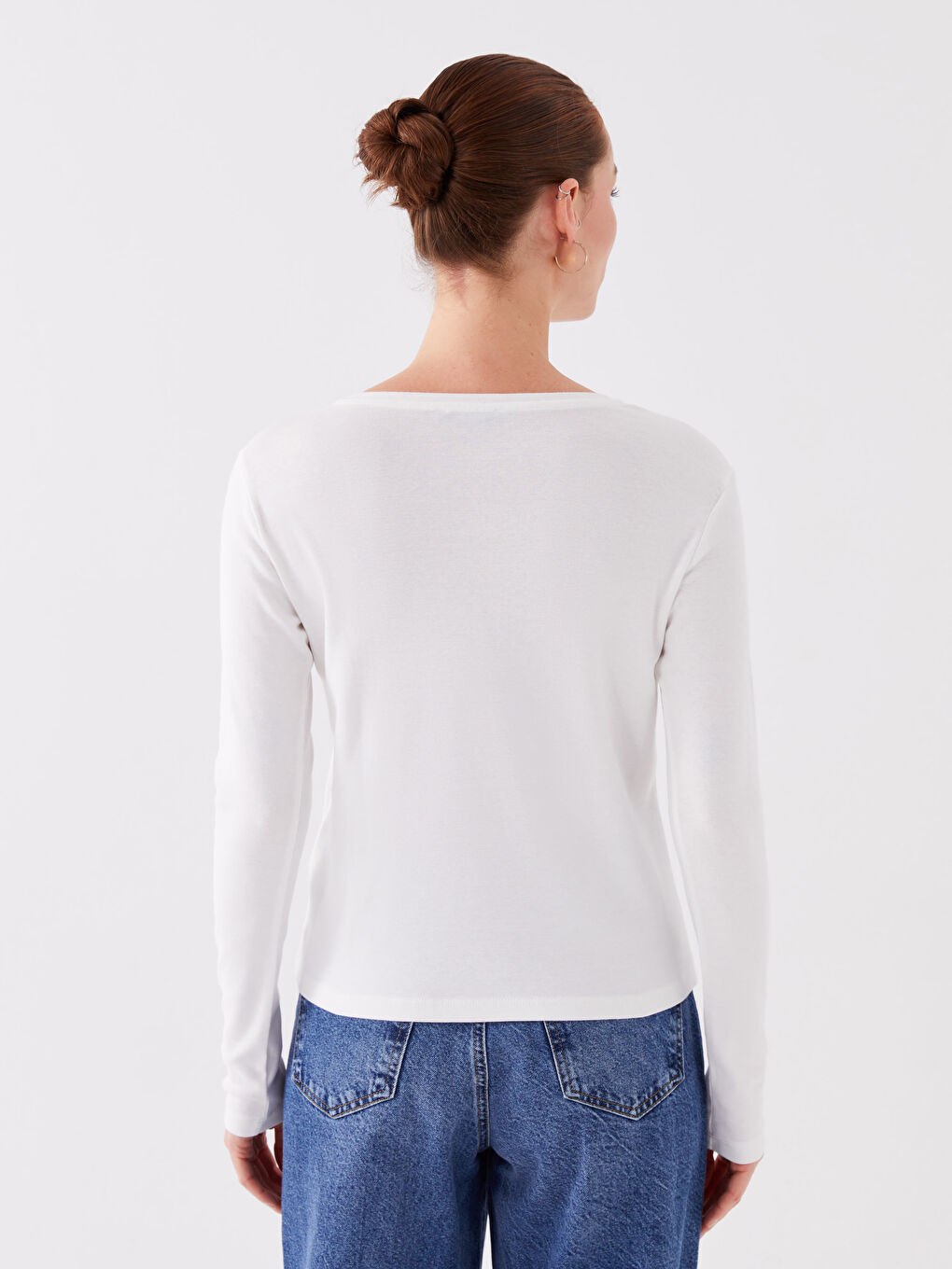 Ekru Bisiklet Yaka Düz Uzun Kollu Kadın Tişört-8