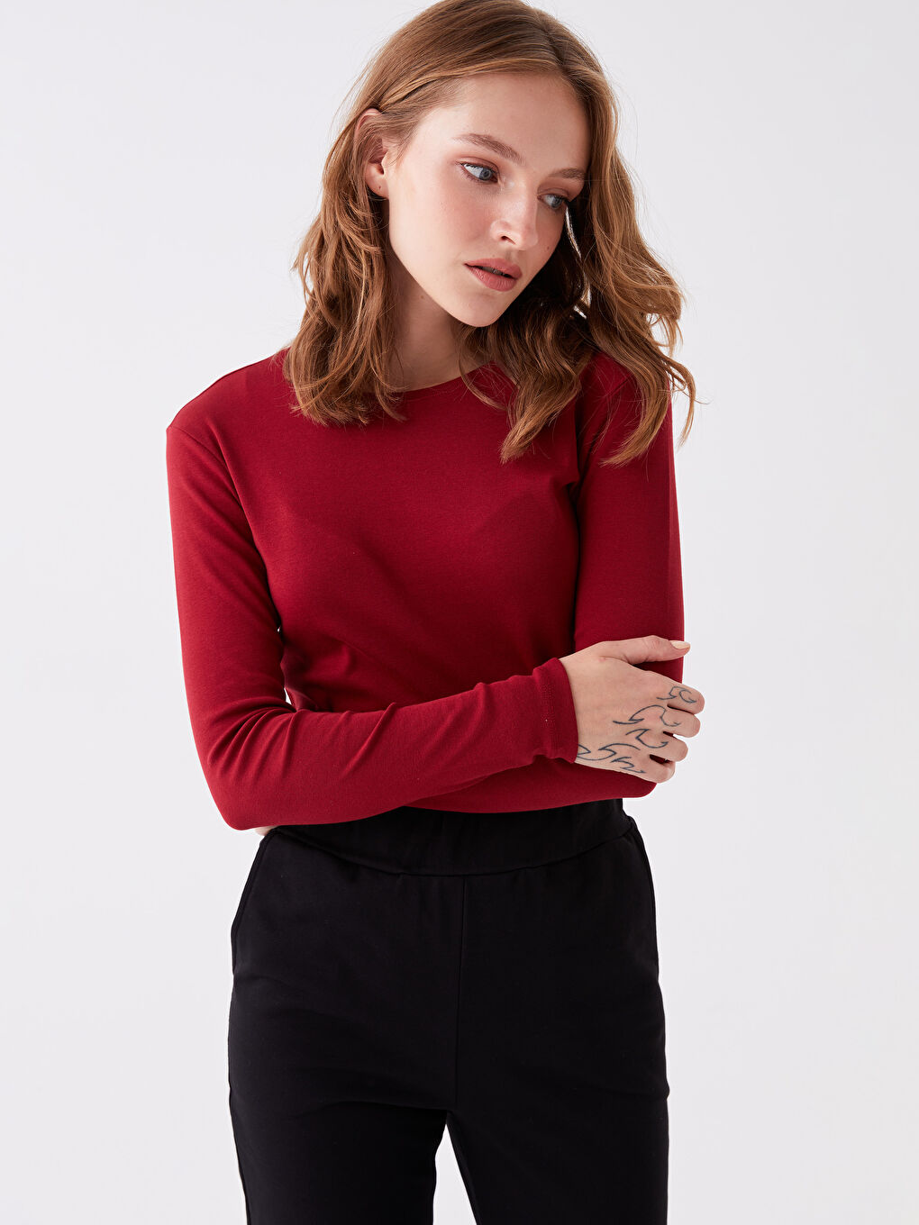 Bordo Bisiklet Yaka Düz Uzun Kollu Kadın Tişört-1