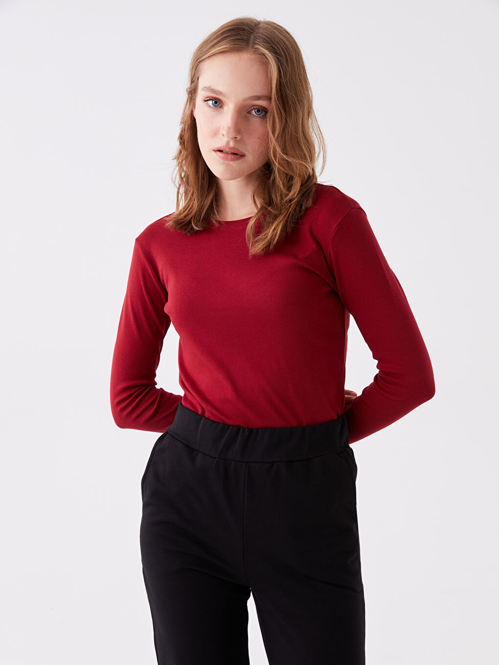 Bordo Bisiklet Yaka Düz Uzun Kollu Kadın Tişört-3