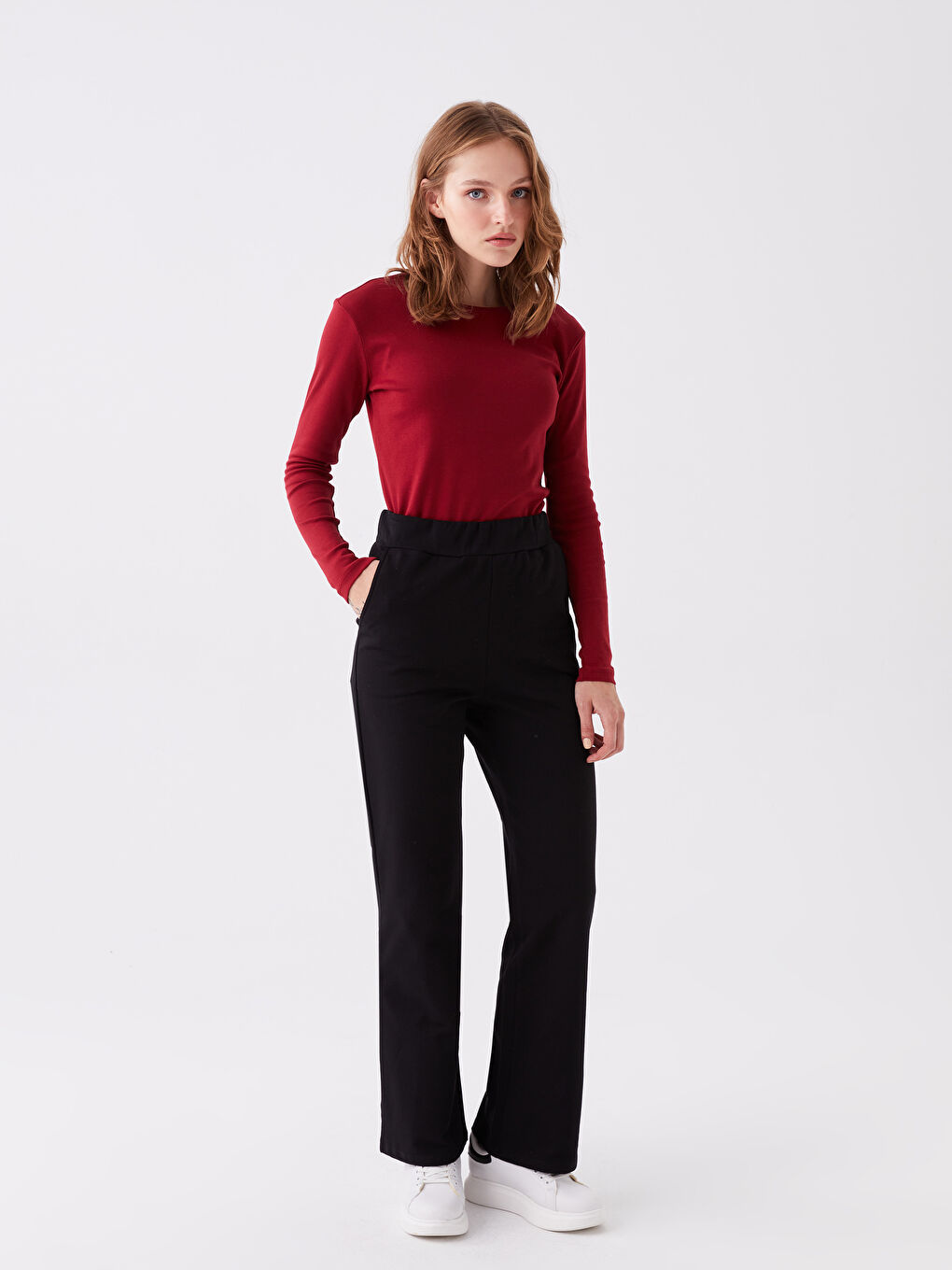 Bordo Bisiklet Yaka Düz Uzun Kollu Kadın Tişört-5