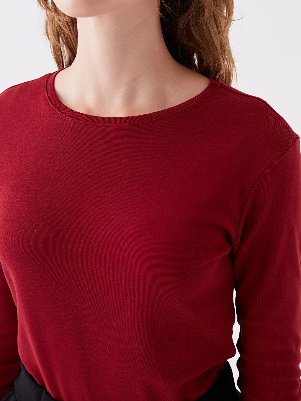 Bordo Bisiklet Yaka Düz Uzun Kollu Kadın Tişört-7