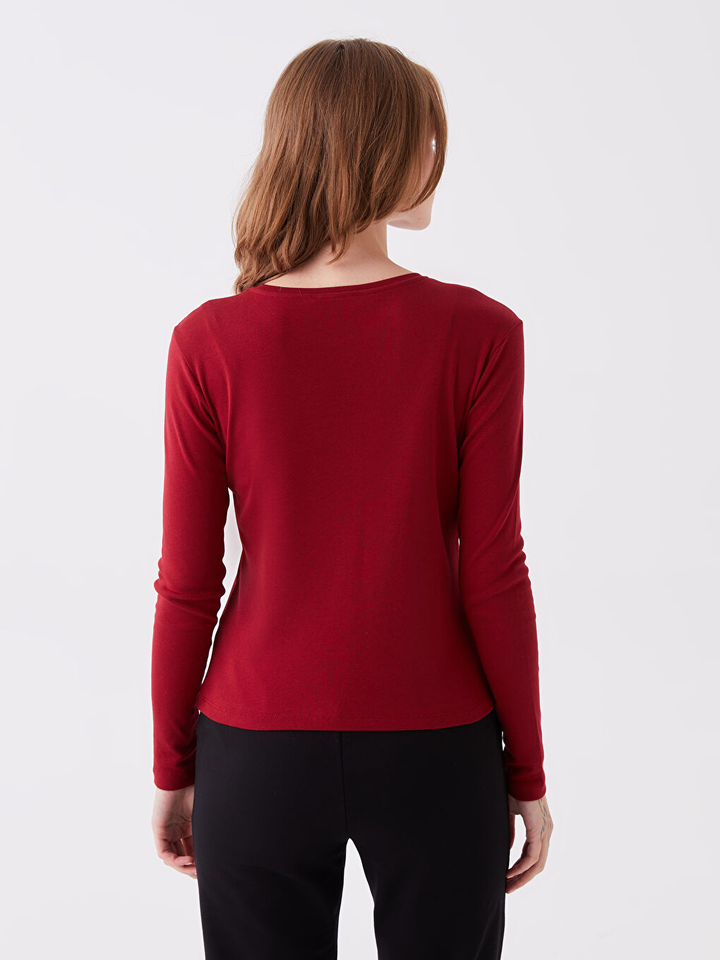 Bordo Bisiklet Yaka Düz Uzun Kollu Kadın Tişört-9