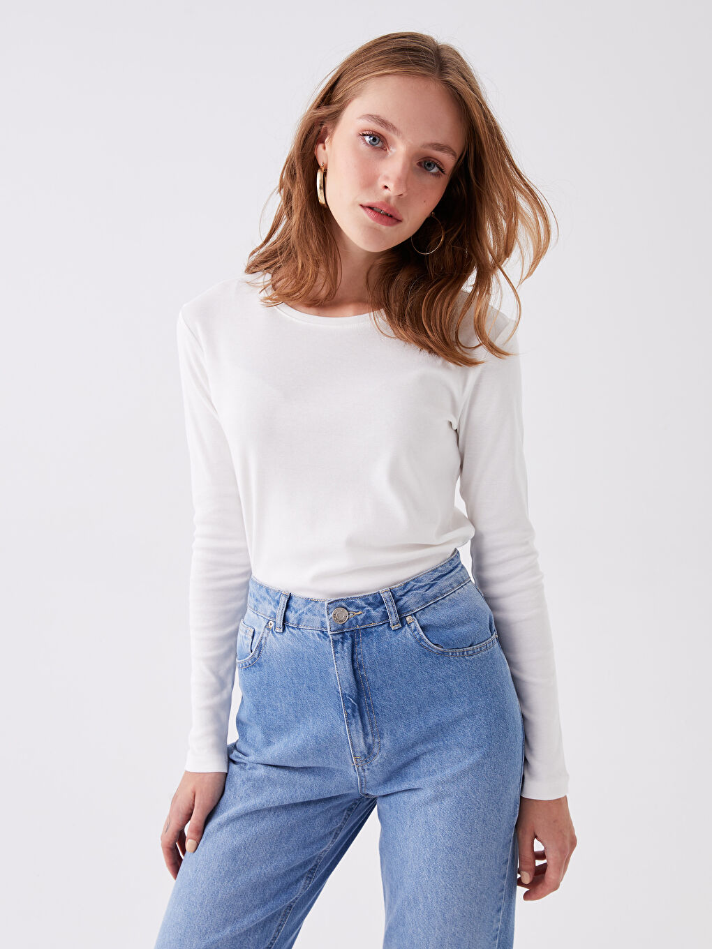 Ekru Bisiklet Yaka Düz Uzun Kollu Kadın Tişört-1