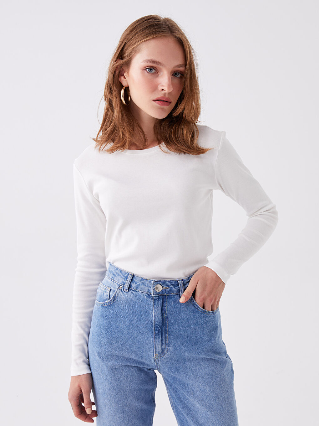 Ekru Bisiklet Yaka Düz Uzun Kollu Kadın Tişört-3