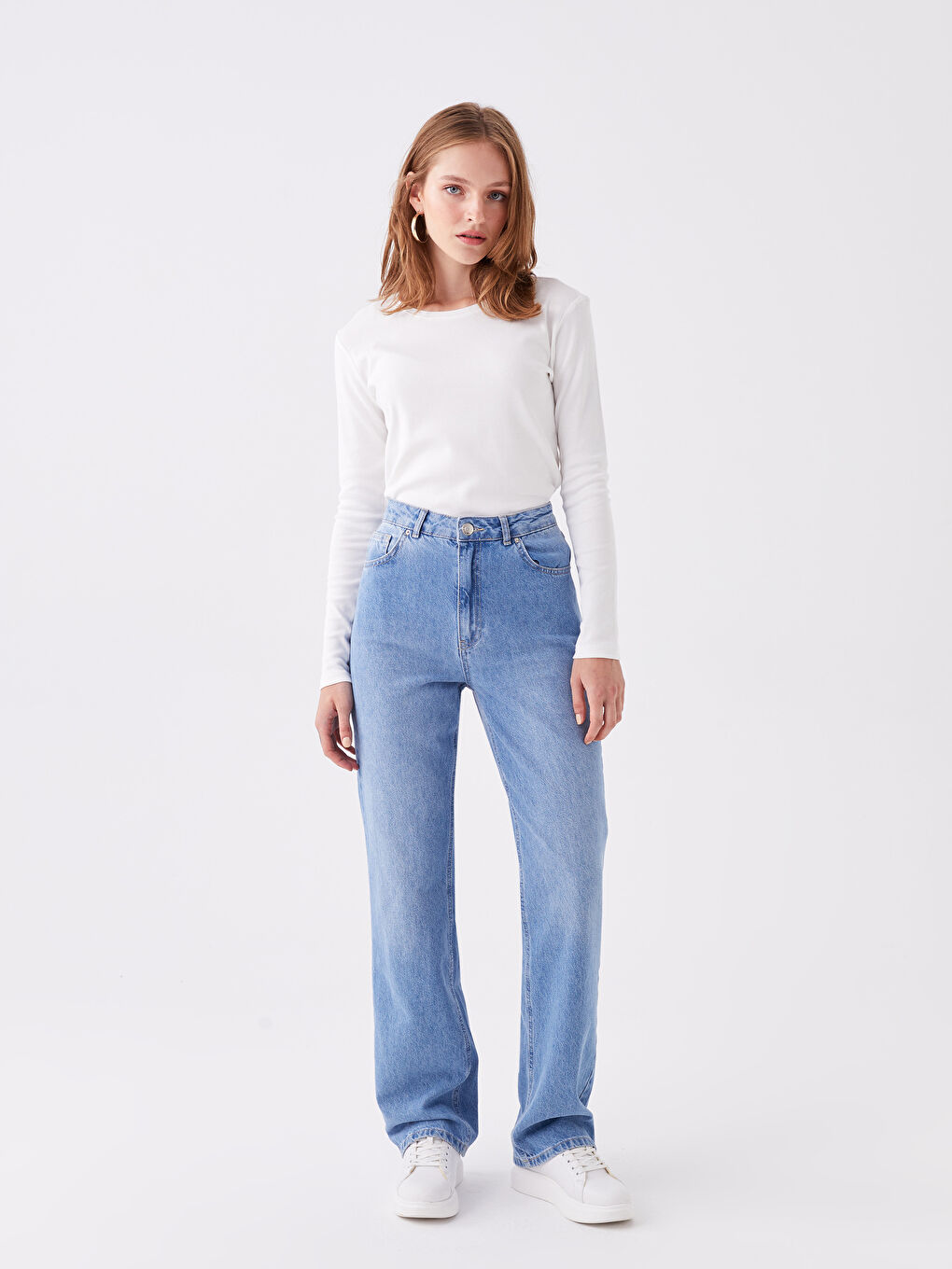 Ekru Bisiklet Yaka Düz Uzun Kollu Kadın Tişört-5