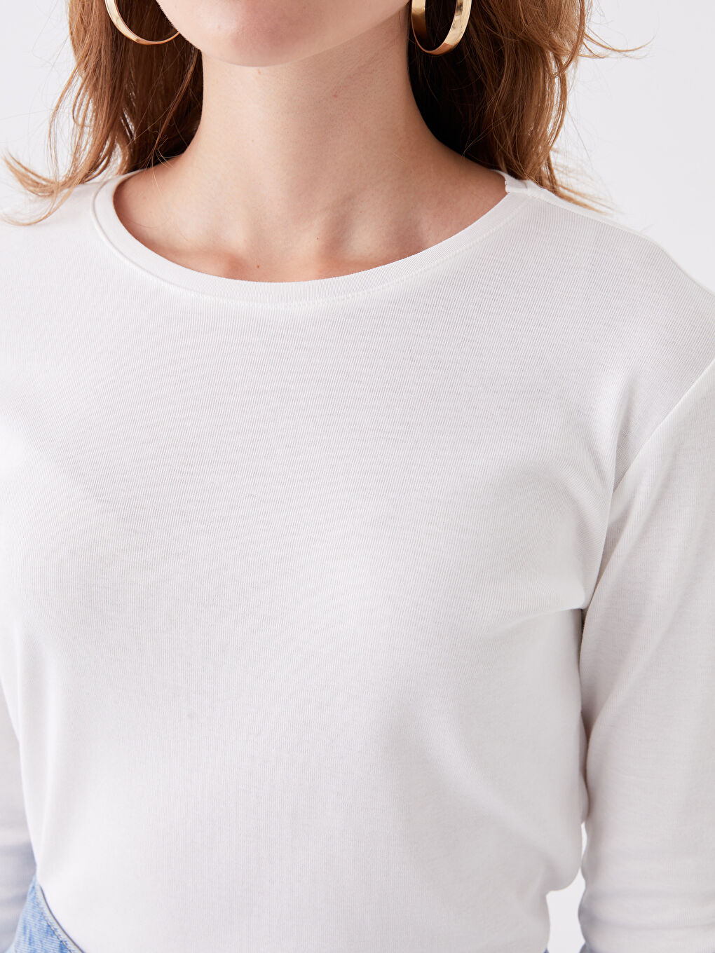 Ekru Bisiklet Yaka Düz Uzun Kollu Kadın Tişört-7
