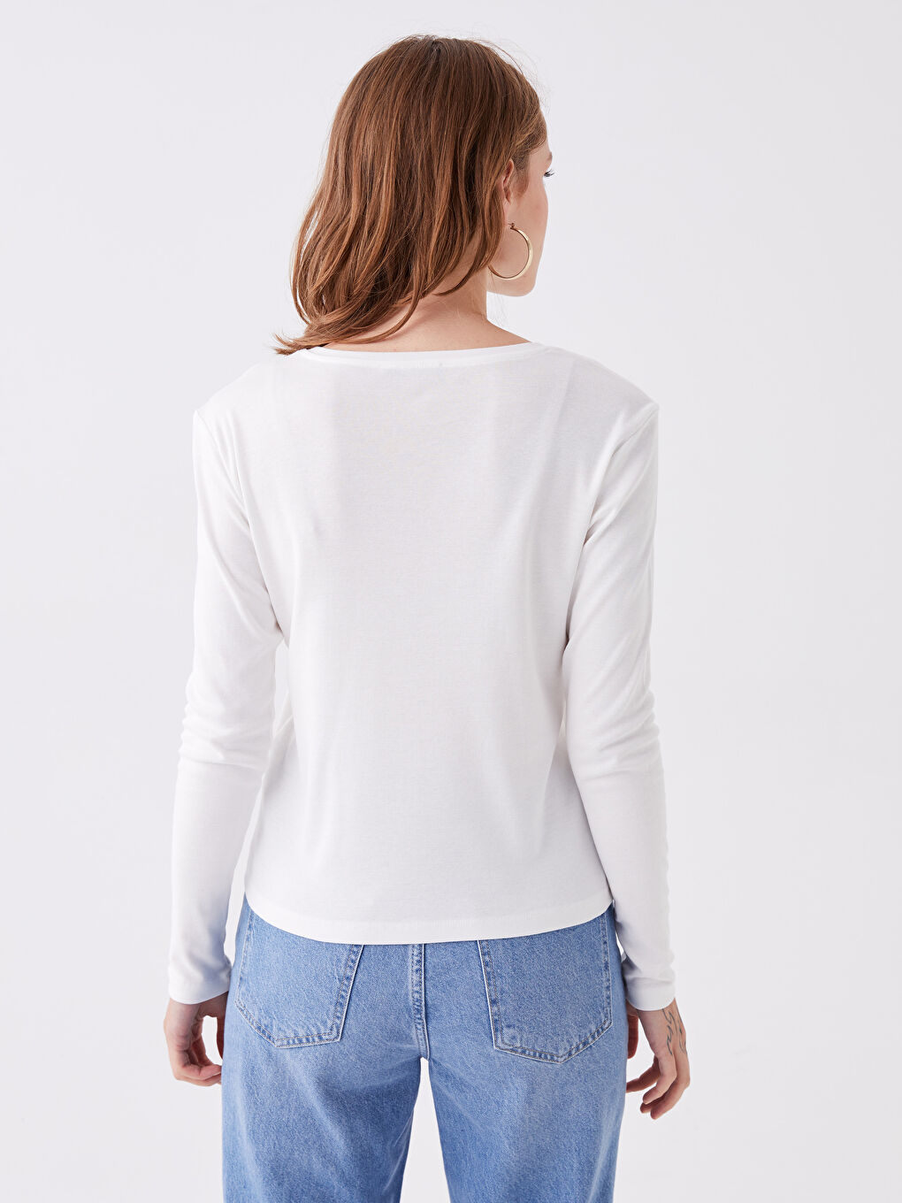 Ekru Bisiklet Yaka Düz Uzun Kollu Kadın Tişört-9