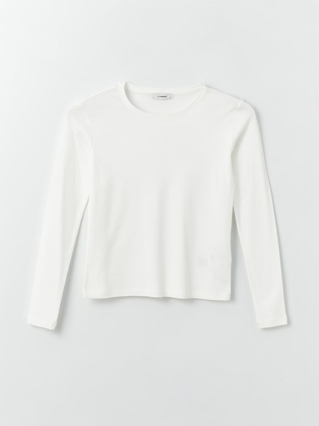 Ekru Bisiklet Yaka Düz Uzun Kollu Kadın Tişört-10